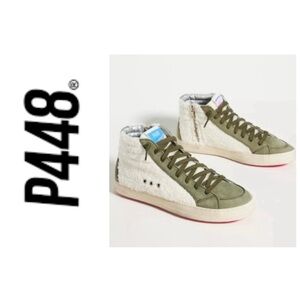 P448 Wad Skate 🇮🇹 high top lace up sneakers with green leather and white Sherpa